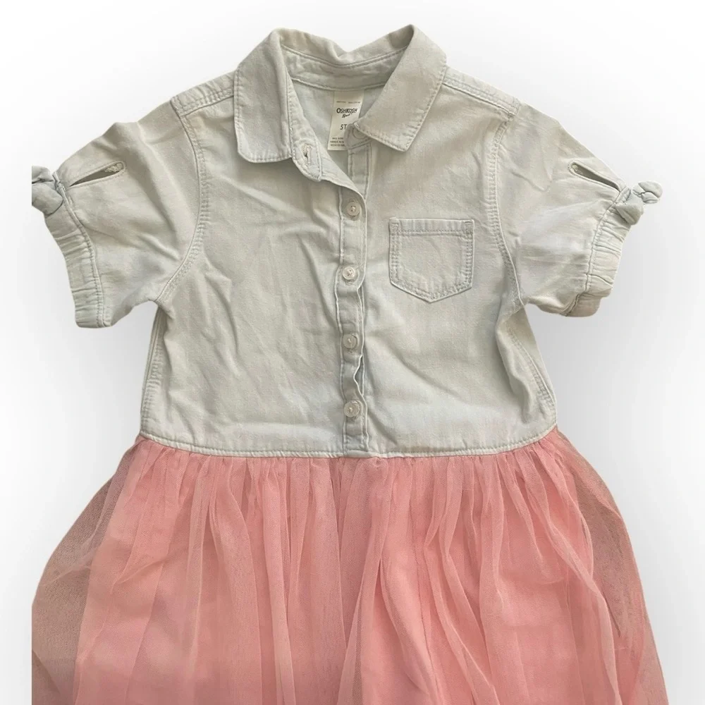 Oshkosh B’Gosh girls chambray button down tulle skirt short sleeve dress 5T pink